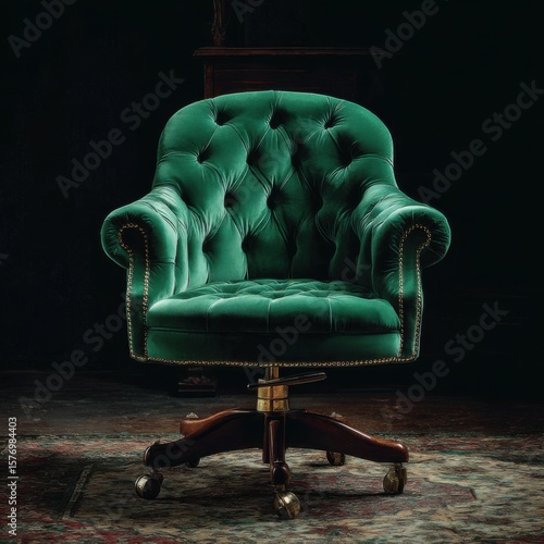 Elegant emerald green velvet office chair on a minimalistic setting.