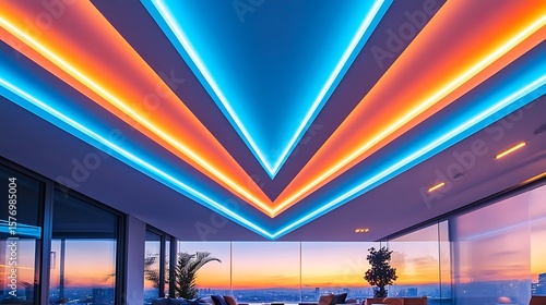 View of a modern interior with neon lights and a sunset through large windows
