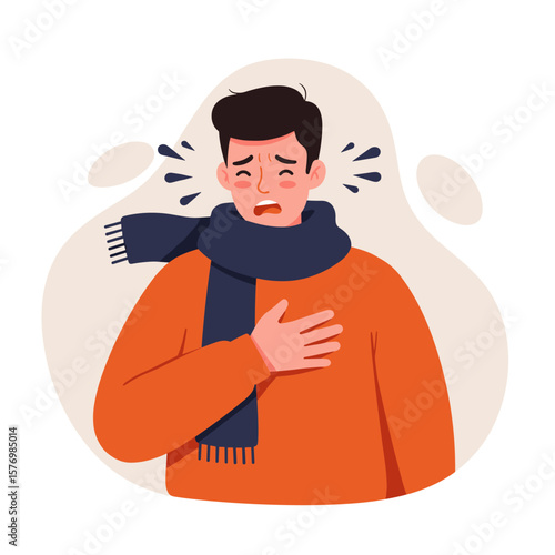 A cartoon illustration depicts a man, wrapped in a scarf, experiencing symptoms of a cold or illness, with a worried expression and hand on his chest.
