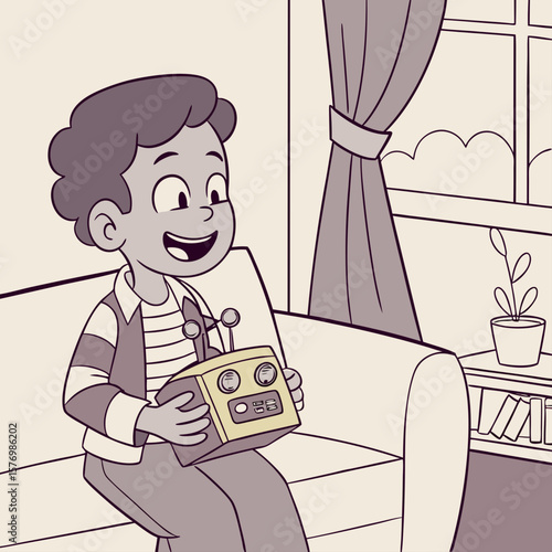 A boy sitting on a couch holding a yellow radio with dials and antenna in a room with a window and plant