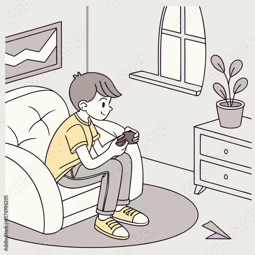 A boy sitting on a couch playing video games in a living room with a window and a plant on a cabinet