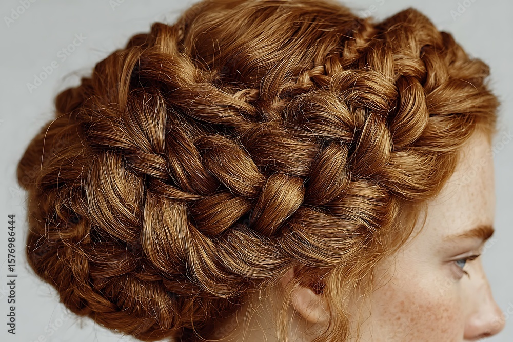 Naklejka premium Crown Braid Made With Thick Auburn Brown Hair. The Braid Wraps Around The Entire Head Like A Halo, Tightly Woven And Smooth. Each Hair Strand Is Defined, And The Style Is N