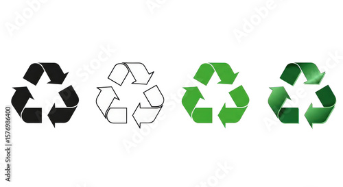 A set of four recycle symbols in various styles: solid black, black outline, flat green, and glossy green, on a transparent background