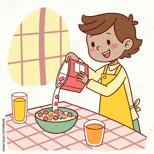 A young boy in an apron pouring cereal from a red box into a green bowl with juice glasses nearby