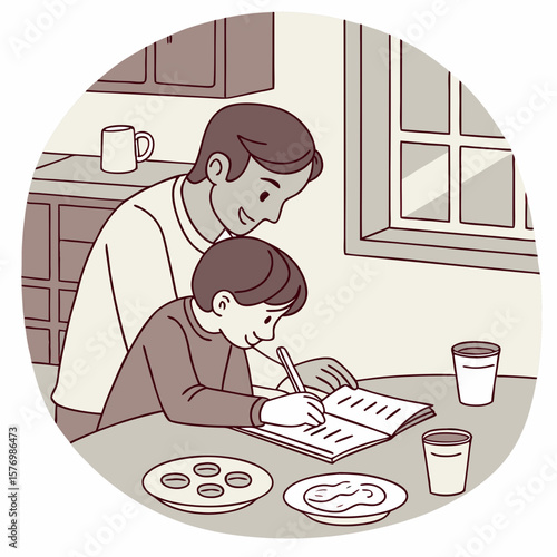 A father helping his son with homework at the kitchen table near window and breakfast dishes visible