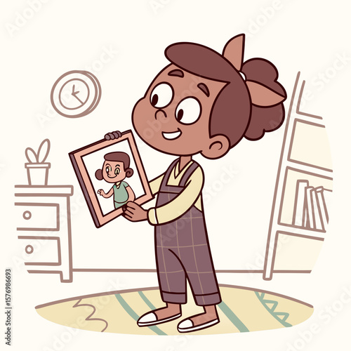 A girl holding a framed picture of herself in a room with a clock, dresser, bookshelf, and rug decor