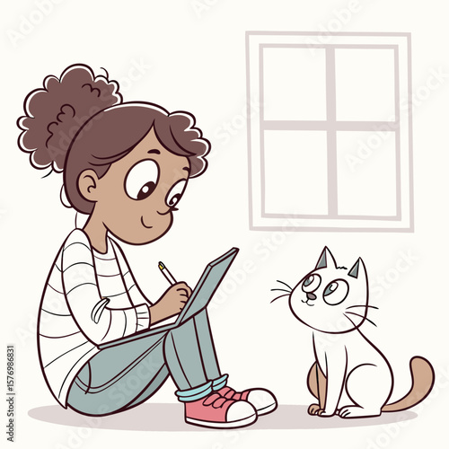 Girl with curly hair drawing on a tablet while sitting next to a white cat with a window in background