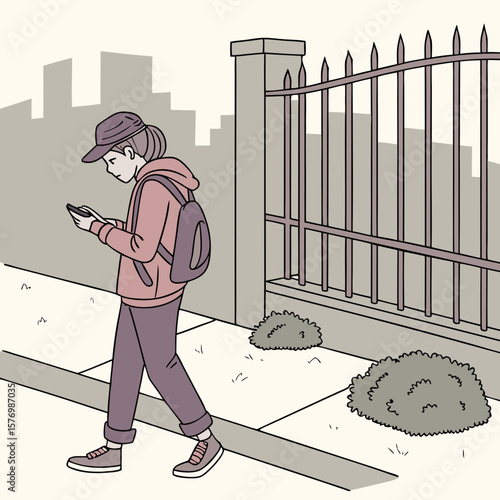 A person with a backpack and hat walks past a fence while looking at their phone on a sidewalk near bushes