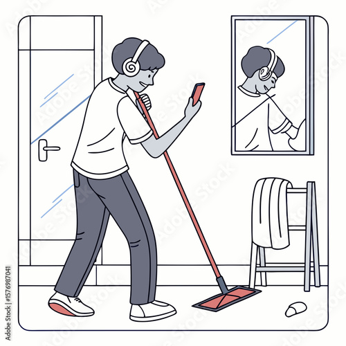 A person mopping the floor while listening to music and holding a phone next to a mirror and towel rack
