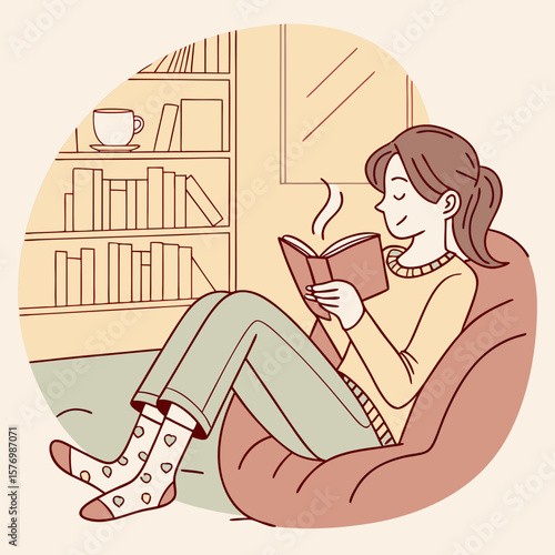 Illustration of a woman reading a book while sitting in a beanbag chair next to a bookshelf at home