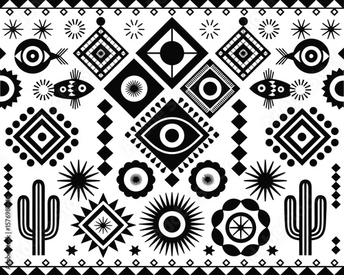 Mexican Folk Art Collection - Black & White Tribal Patterns Cactus Designs Geometric Motifs

