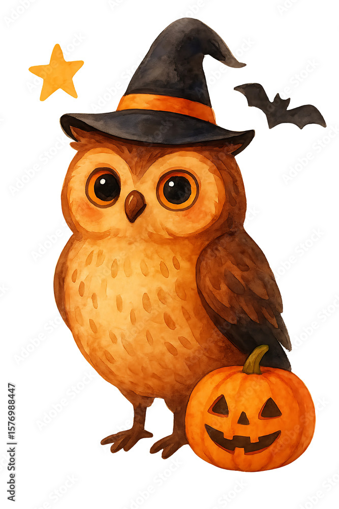 Fototapeta premium Owl in a witch hat with a pumpkin.white isolate background