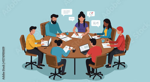 A group of seven people sits around a round table working