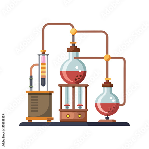 Vintage chemistry distillation apparatus with red liquid