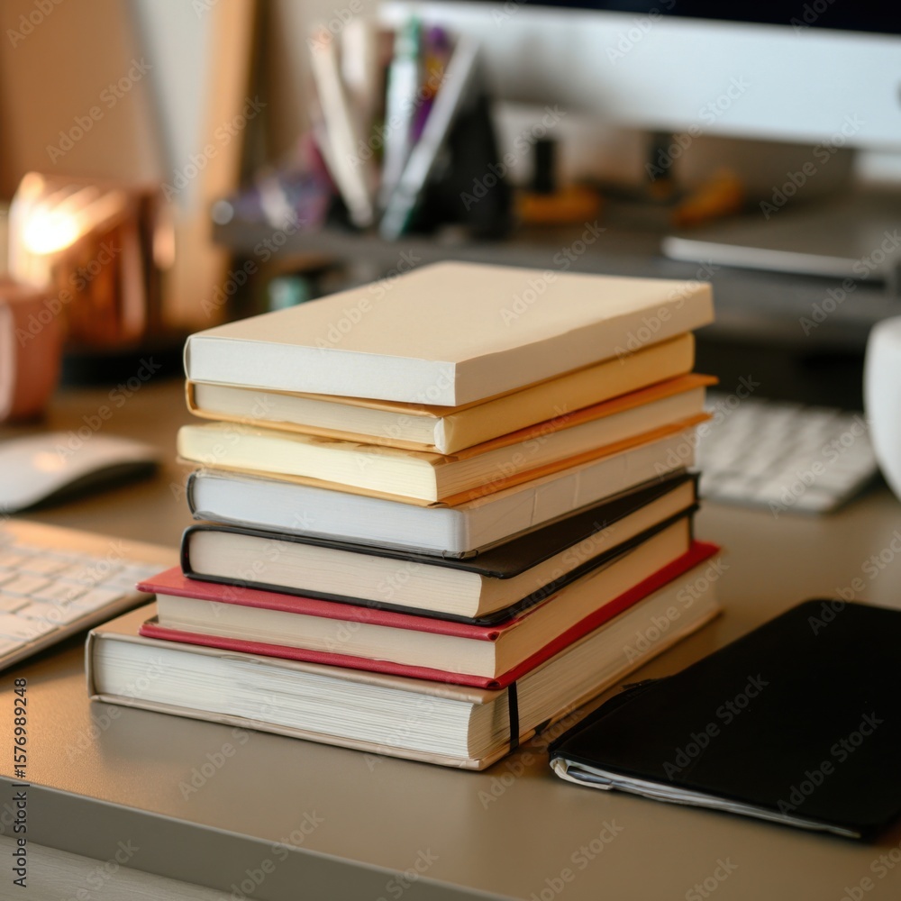 Fototapeta premium A stack of notebooks with plain covers in neutral tones.