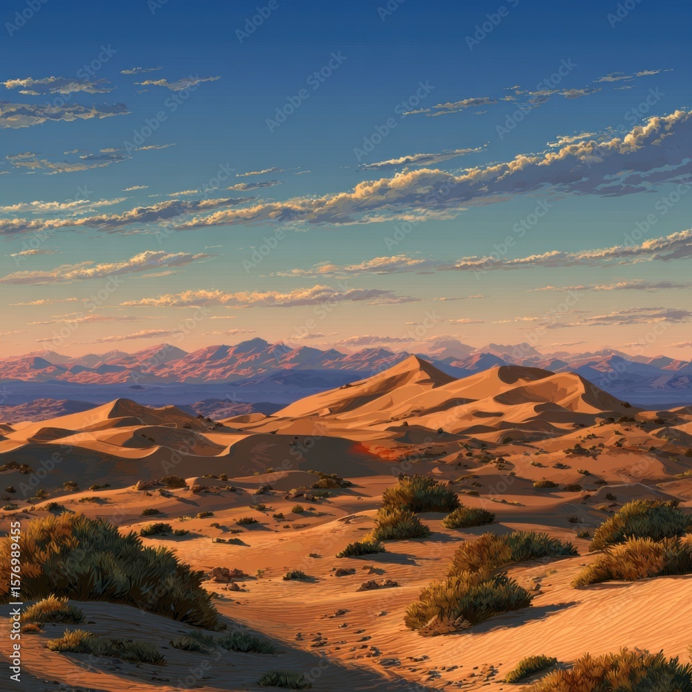 Fototapeta premium Vast sandy dunes under a bright blue sky evoke tranquility.