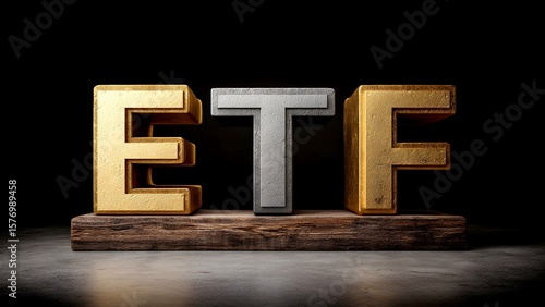 Modern Financial Concept: A Stunning Illustration Featuring Polished Silver and Gold ETF Letters with a Bold Presence on a Stark Black Background, Conveying Growth and Value.