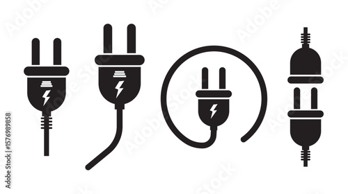 Set of electric plug vector icons on white background. Electrical cord or cable. Electric power.Electric plug vector icon on white background
