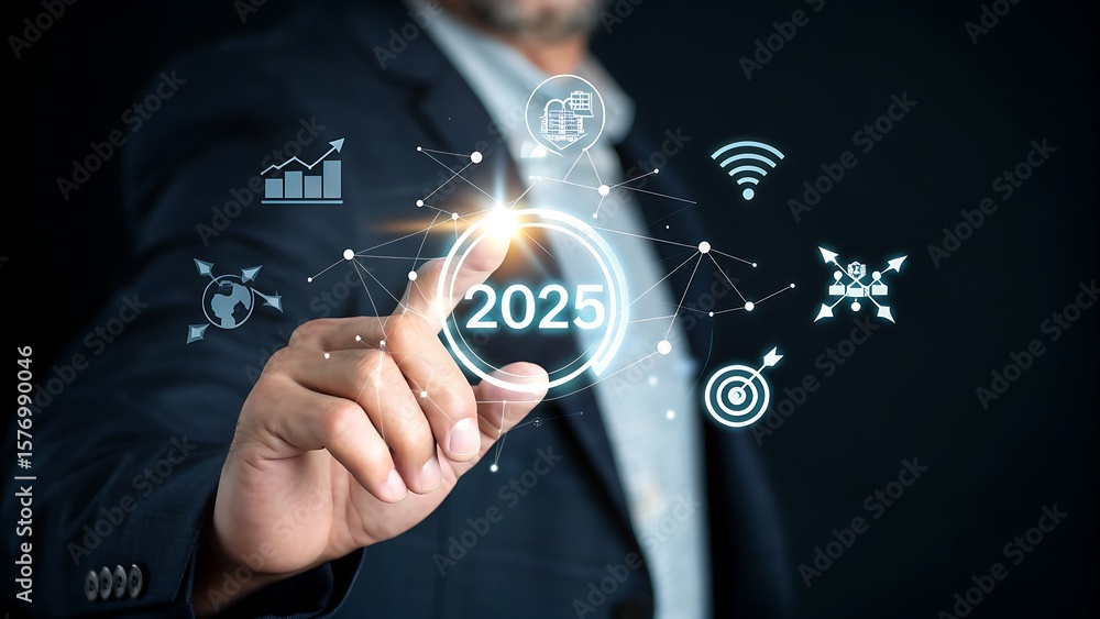 Fototapeta premium Businessman touches 2025 digital display with connection nodes, illustrating future technology trends, innovation, and network opportunities in emerging markets.