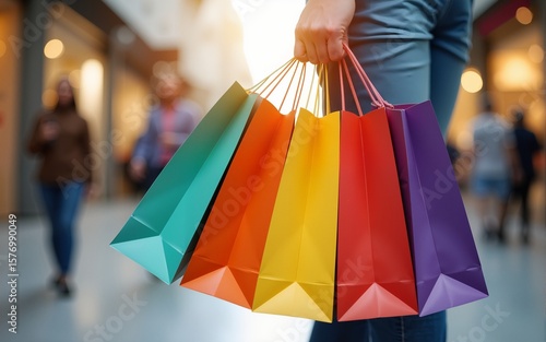 Colorful shopping bags held by a shopper in a bustling urban retail district, capturing the excitement of a successful shopping spree and consumer culture. High quality