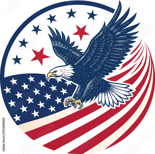 Bald Eagle Soaring Over Circular American Flag with Star Trail Bold and Clean Patriotic Vector Design.
