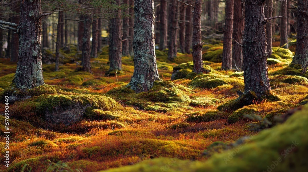 Obraz premium Sunlight filters through autumn forest