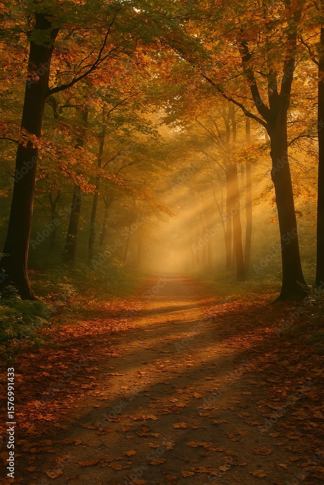 Fototapeta premium Sunbeams pierce through a misty autumn forest, illuminating a winding path and creating a magical, tranquil scene