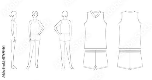 【バレーボールユニフォーム用テンプレートセット】女性モデル（前・横・後＋アイテム前後図）
Women's Volleyball Uniform Design Template – Pose and Item Front/Side/Back Views
