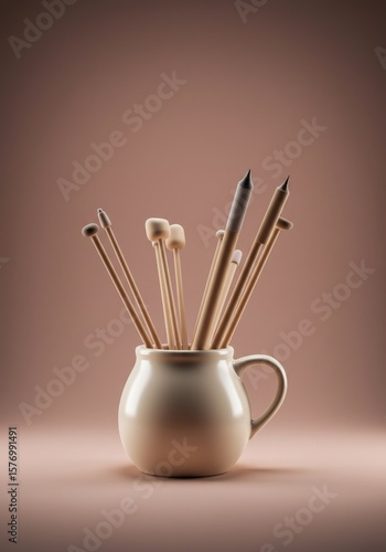 Knitting needles of varying sizes and materials are displayed in a ceramic mug against a soft, neutral background.