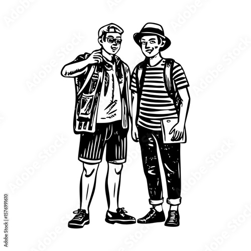 A vintage style illustration showing travelling friends