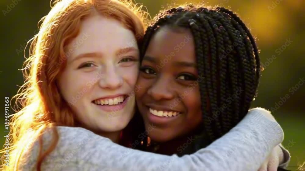 Two smiling young women embrace one with red hair the other with braids warmly lit Two smiling young women embrace one with red hair the other with braids warmly lit