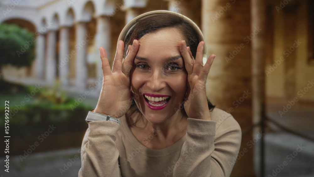 Fototapeta premium Young hispanic woman wearing headphones covers face with hands in old town street; playful surprise joy.