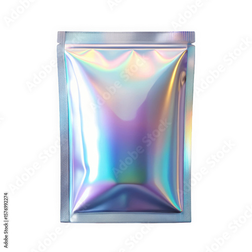 A shiny holographic packaging pouch with a smooth finish, showcasing vibrant spectral colors that shift with light. Perfect for modern product presentations.