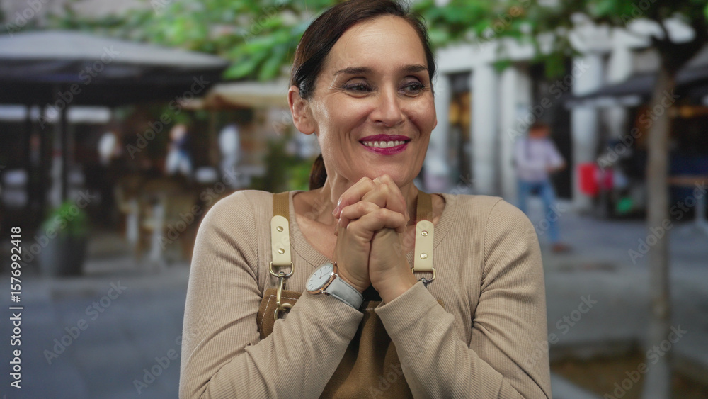 Fototapeta premium Hispanic woman in an apron joyfully reacts on a lively outdoor street with cafes and trees, expressing surprise and delight in a vibrant urban setting.