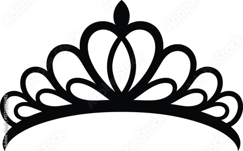Heart Tiara Silhouette Vector Illustration, Crown Outline with Diamond for Princess Designs.


