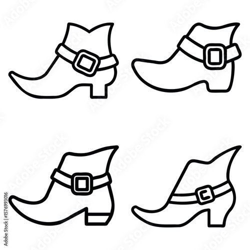 Four outlined cartoon witch boots with buckles arranged in a square pattern on white background
