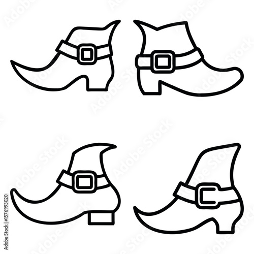 Four outline drawings of witch shoes with pointed toes and square buckled straps design