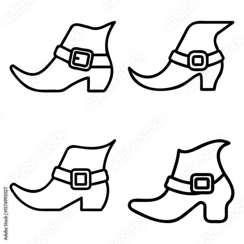 Outline illustration of four witch boots with buckles arranged in a square pattern neatly done