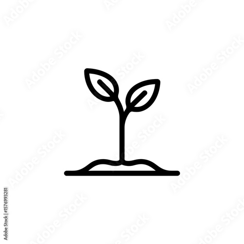 Clean line art icon depicting a small seedling plant with two leaves rooted in fertile soil, concept for environmental stewardship campaigns, organic farming promotion, and business development