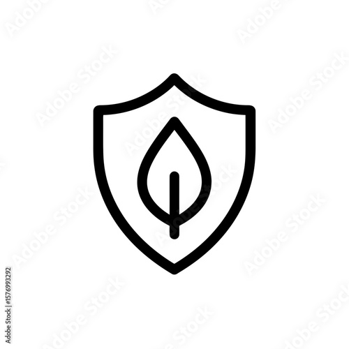 Outline icon featuring a shield symbol enclosing a single leaf element, representing natural defense, The icon could be used as concept for eco-friendly product labeling, environmental