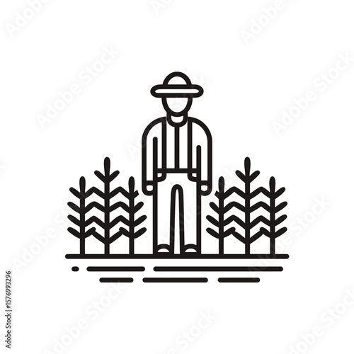 Minimalist line icon of farmer with hat and overalls standing between rows of corn stalks, concept for sustainable agriculture branding, traditional farming projects, and seasonal harvest festival