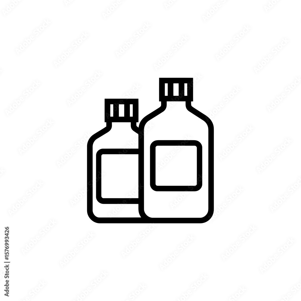 Clean simple outline vector graphic showing two generic plastic or glass bottles standing side by side, concept for pharmaceutical use, laboratory supply imagery, or personal care packaging layouts Clean simple outline vector graphic showing two generic plastic or glass bottles standing side by side, concept for pharmaceutical use, laboratory supply imagery, or personal care packaging layouts