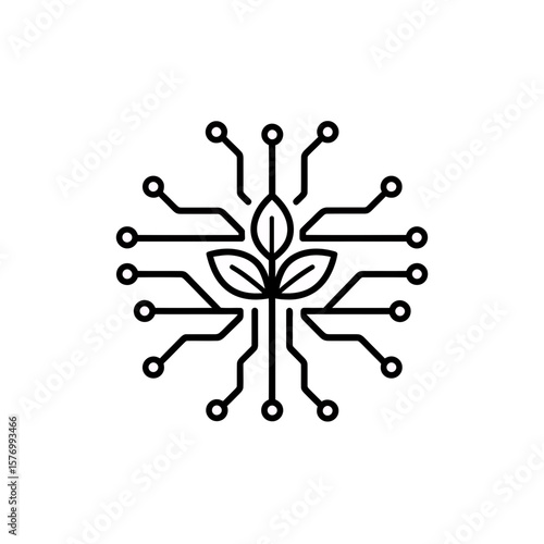 Clean black line art icon showing a stylized plant with leaves integrated into a complex digital circuit pattern structure, concept for innovative agritech solutions modern smart farm management