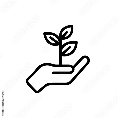 Minimalistic black outline icon illustration showing a hand carefully supporting a young plant with leaves, concept for sustainable practices, environmental stewardship, and green growth promotion