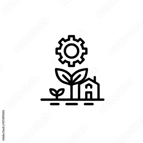 Clean black outline icon features thriving seedling with gear above and a stylized dwelling nearby representing growth tech, concept for integrating renewable energy solutions sustainable