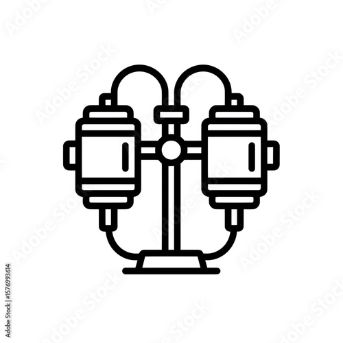 Minimalist black outline icon showing a symmetrical dual chamber filtration unit with curved connecting lines, concept for industrial water treatment plants, chemical production facilities