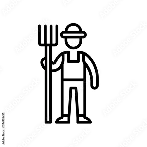 Clean black and white linear vector icon illustration depicting farmer wearing hat holding pitchfork graphic, concept for agriculture farming rural industry vector design application and web