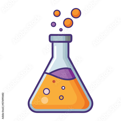 Cartoon erlenmeyer flask with bubbling orange liquid and purple substance