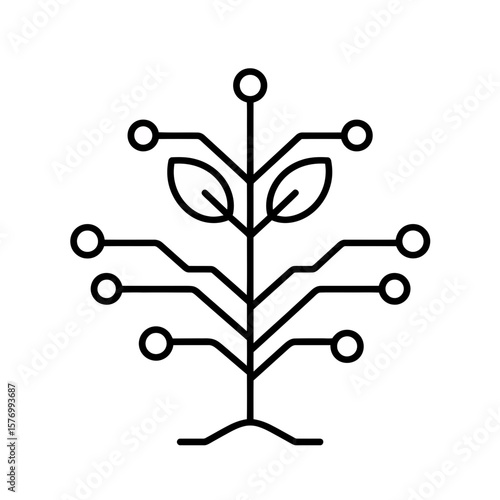 Striking outline graphic depicting a growing plant form integrated with digital circuit elements and connectivity points, concept for modern agricultural practices, ecological data analytics