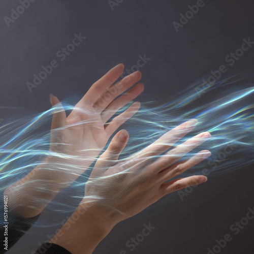 Two hands with digital light waves flowing around them against a dark background, symbolizing energy, technology, and connection.